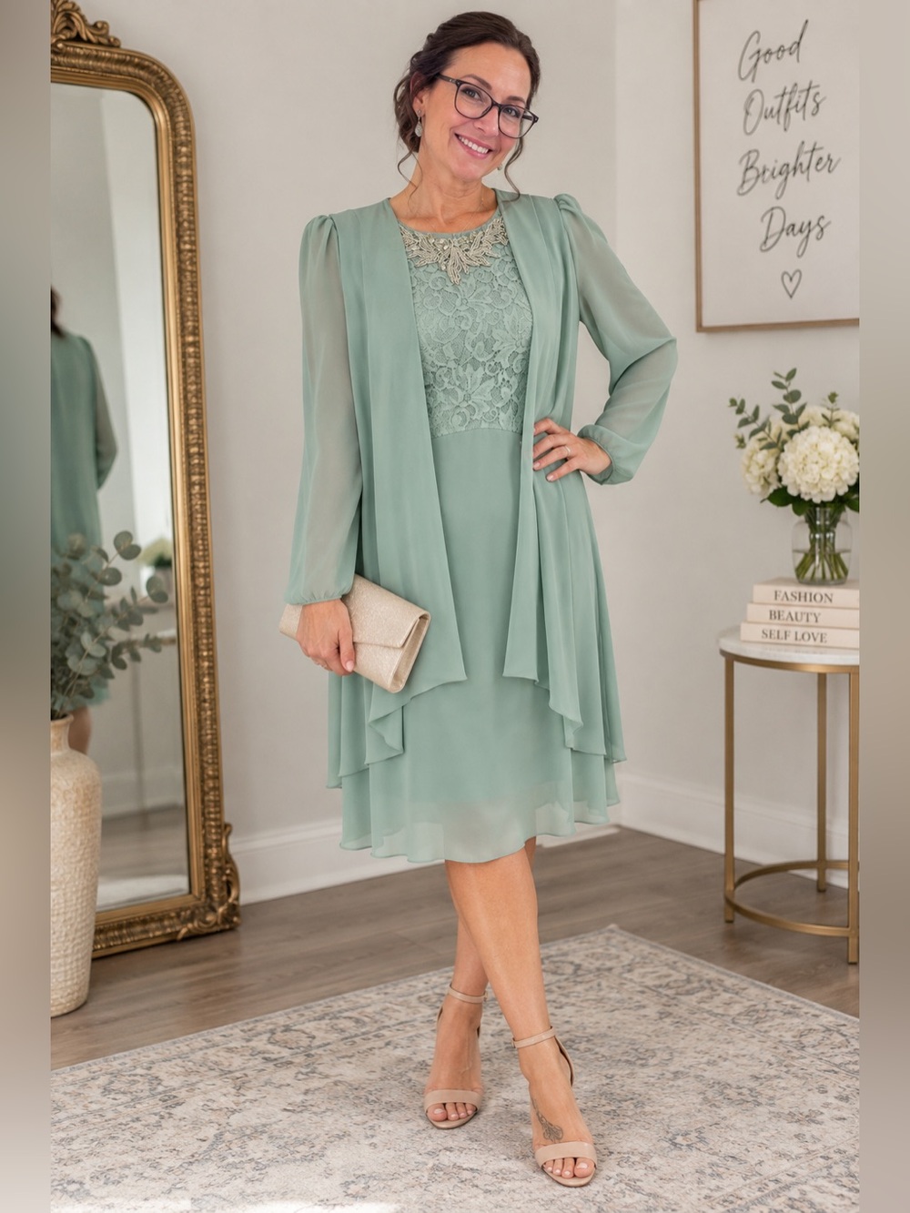 Ursula of Switzerland Size 18 Mint Lace Beaded Chiffon Formal Dress